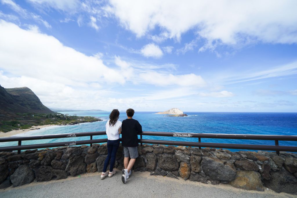 ハワイプライベートツアー 。マカプウルックアウトで海を眺めるカップルの後ろ姿。
